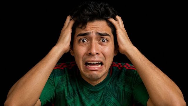 Hispanic man clutching head in shock wearing green soccer jersey on black background