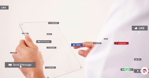 Male Hands Tapping Transparent Tablet with Floating UI Elements and Touch Controls