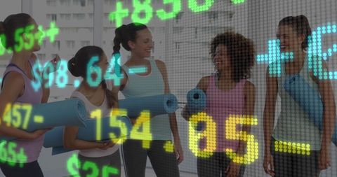 Women Bonding Over Yoga in Modern Fitness Studio with Ticker Overlay