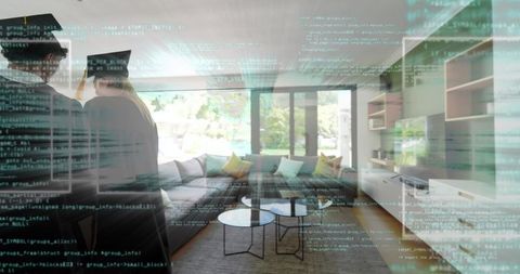 Graduates standing in modern living room with code overlay celebrating tech career launch