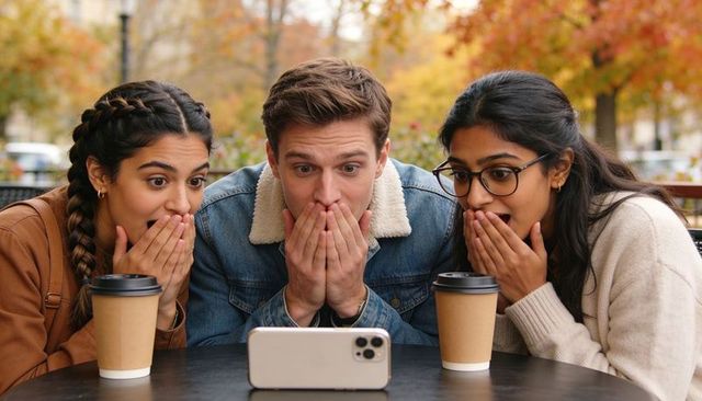 Friends gasping in outdoor cafe, reacting with surprise to phone video in autumn