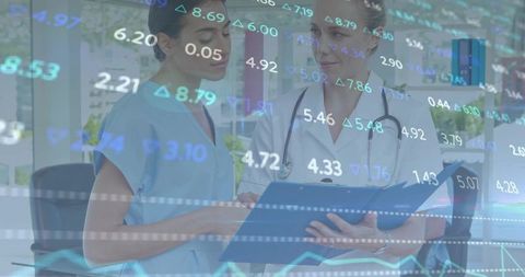 Clinicians reviewing patient chart with financial market data overlay in modern clinic