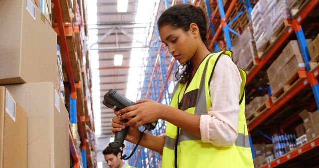 Focused biracial female worker using barcode reader in aisle at storage warehouse. Technology, work, organisation, storage, shipping and industry, unaltered.