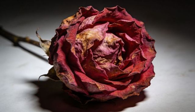 Dried burgundy rose macro showing textured curled petals, antique still life mood