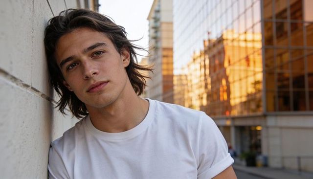 Young man leaning on stone wall at golden hour with reflective glass city backdrop