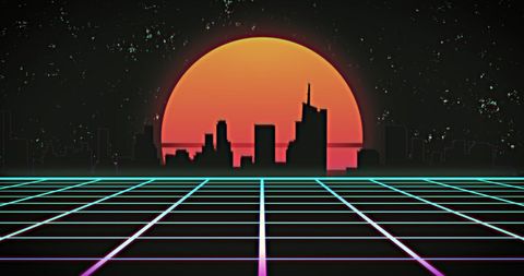 Retro Futuristic Cityscape with Neon Grid