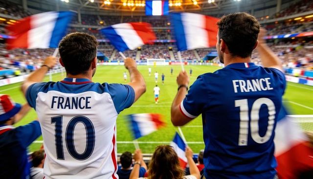 France supporters waving tricolor flags wearing number 10 jerseys in packed stadium