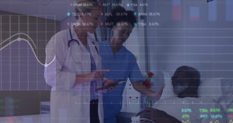 Healthcare Professionals with Stock Market Graph Overlay