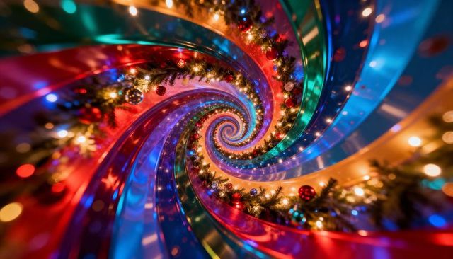 Spiraling holiday tunnel drawing visitors with twinkling lights, colorful ribbons