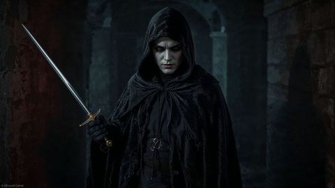 Hooded medieval assassin warrior in dark dungeon with sword