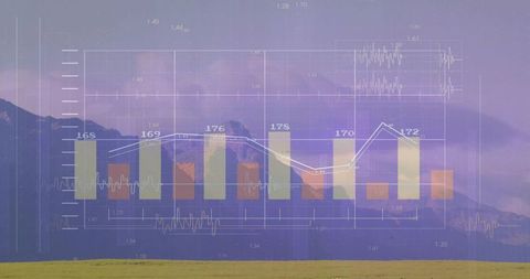 Translucent data visualization overlaying mountain landscape pastel bar chart and line graph