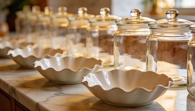 Row of white scalloped bowls with glass jars on marble counter in warm natural light decor