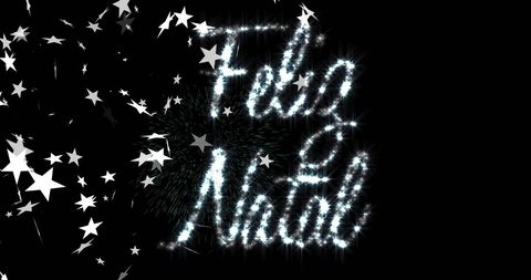 Feliz Natal Text with Sparkling Stars on Black Background