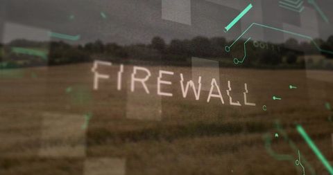 Hovering firewall overlay protecting rural field with futuristic ui and glitch effects