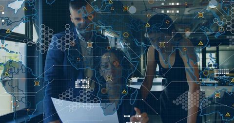 Business Team Collaborating on Data Visualization and Cybersecurity Analytics Overlays