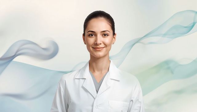 Smiling clinician in white lab coat and gray scrubs with pastel abstract waves background