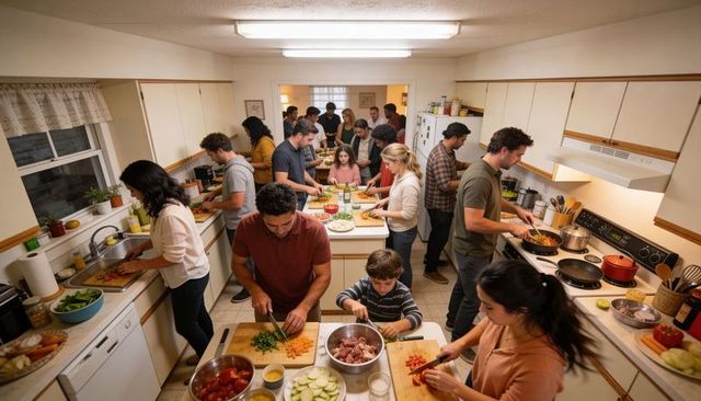 Multigenerational family cooking in busy kitchen chopping vegetables and preparing meal