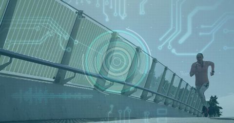 Female Athlete Jogging Across Futuristic Smart City Bridge