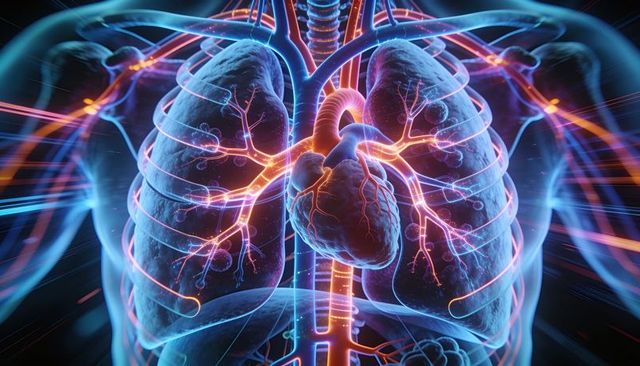 Glowing 3d medical render showing heart pumping and lungs branching bronchi with vascular network