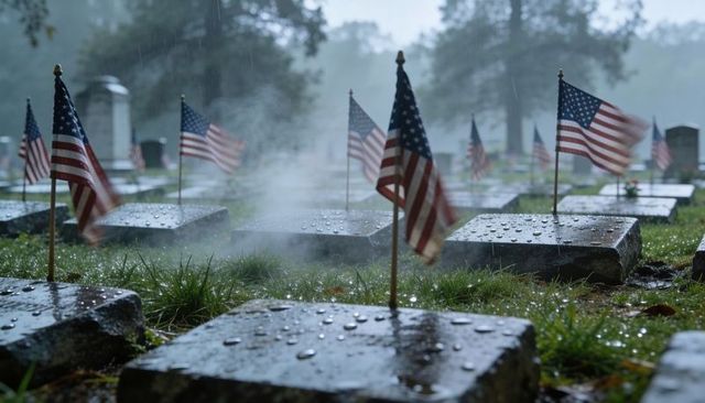 Rain-soaked veterans graves with american flags on foggy morning for memorial remembrance