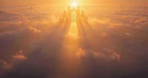 Grand Fantasy Castle Above Clouds Seamlessly Blending Sunlight