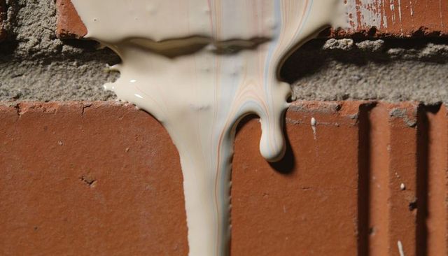 Dripping beige plaster flowing over red brick mortar joint closeup texture detail