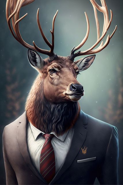 Anthropomorphic deer wearing gray business suit and red tie, suggesting professional yet surreal scenario. Creative concept blending nature and business. General use includes marketing campaigns, book covers, fantasy storytelling, or editorial illustrations emphasizing the blend of nature and professionalism.