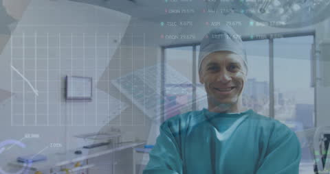Caucasian Surgeon Smiling Amidst Statistical Data Overlay