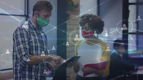 Business Colleagues Networking with Digital Overlay Wearing Masks