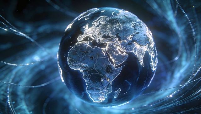 Glowing digital Earth rotating with illuminated city lights and global data network