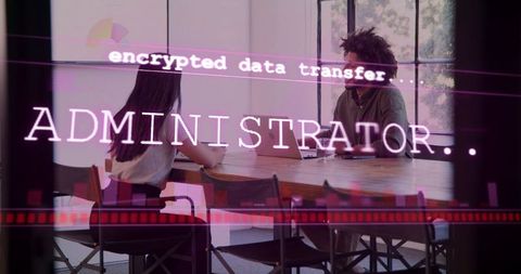 Colleagues collaborating on cybersecurity review with encrypted data transfer overlay