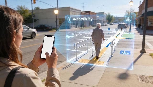 Woman using smartphone for ar navigation with accessibility overlays assisting senior with walker