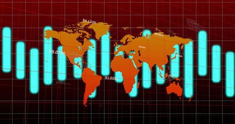 Visualizing global market data with neon waveform bars and orange world map dashboard