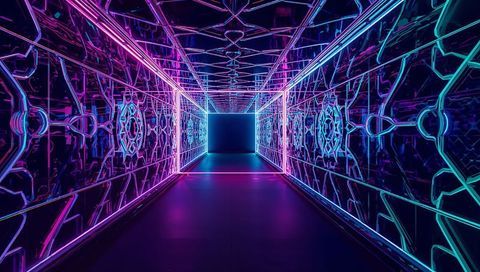 Glowing neon corridor reflecting led lattice and symmetric mirrors leading to portal