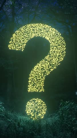 Vertical video: Bioluminescent question mark pulsing above grass in moonlit forest glade