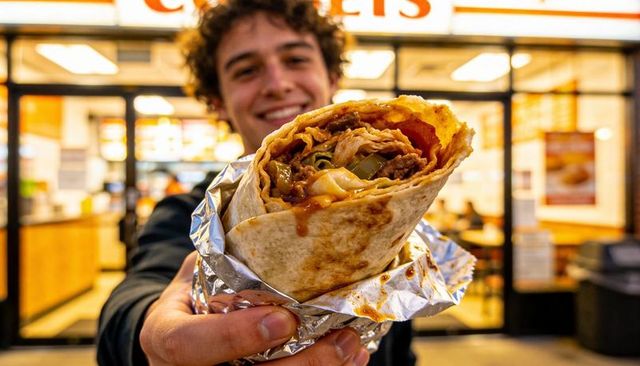 Smiling man presenting juicy foil-wrapped burrito outside fast food restaurant