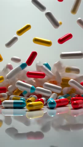 Falling colorful capsules colliding and piling on backlit reflective table vertical video