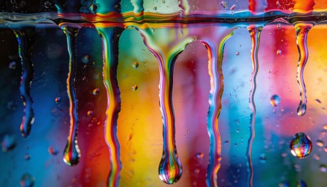 Macro dripping rainbow refraction on glass pane, iridescent liquid trails and vibrant bokeh