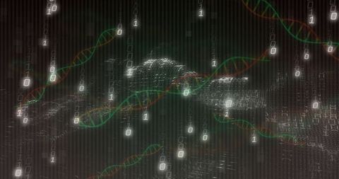 Neon cyberpunk data cloud pulsing with DNA helices and falling binary code visualization