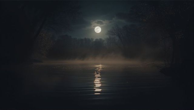 Misty Moonlit Lake with Reflection and Silhouetted Trees