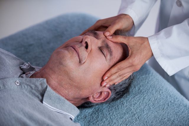 Senior man lying on a treatment table receiving a head massage from a physiotherapist. Ideal for use in articles or advertisements related to elderly care, physical therapy, wellness clinics, stress relief techniques, and holistic healing practices.