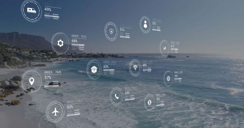 Digital Interface with Data Visualization over Seaside Landscape - Download Free Stock Images Pikwizard.com