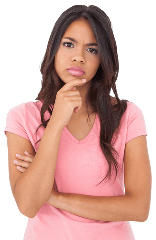 Thoughtful Biracial Woman in Pink Shirt On Transparent Background