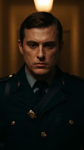 Uniformed Officer Pausing and Turning to Door in Dim Corridor Vertical Video