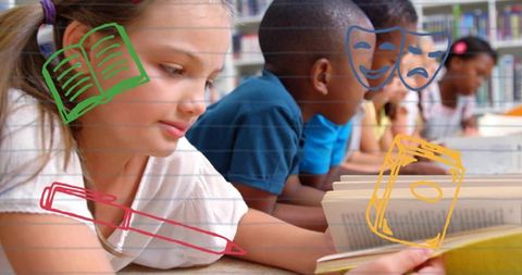 Kids reading on library floor focusing on book, girl with pigtails leading group