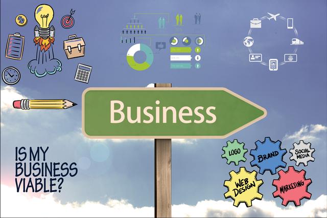 This image features a green signpost with the word 'Business' against a sky background, surrounded by various colorful graphics and icons related to business concepts such as marketing, social media, web design, brand, and logo. Ideal for use in business presentations, marketing materials, blog posts about entrepreneurship, and educational content on business strategies and planning.