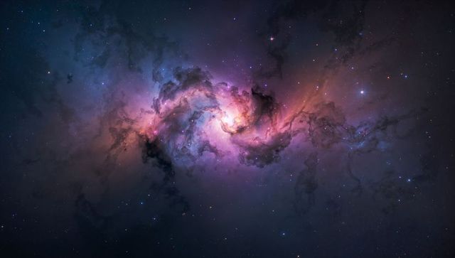 Vivid spiral emission nebula glowing with bright core, dust lanes and cosmic filaments