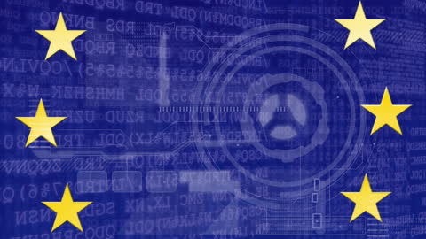Digital EU Flag Overlay with Data Processing Elements