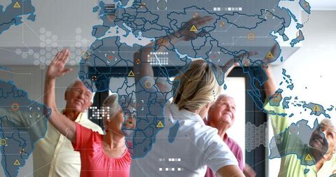 Instructor Leading Senior Fitness Class with Global HUD Overlay During Overhead Arm Stretch