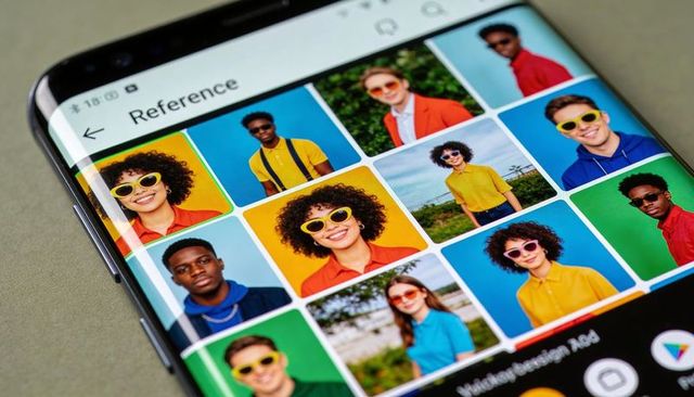 Curved smartphone showing colorful headshot gallery grid with multicultural models for app design